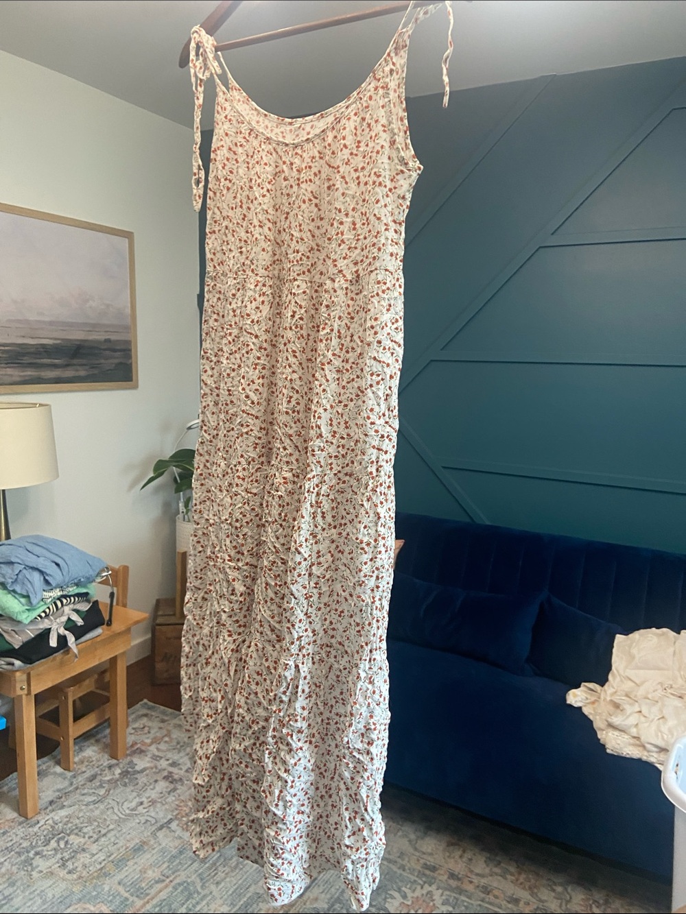 Tie-Shoulder Floral Maxi Dress - Cream with Red Floral